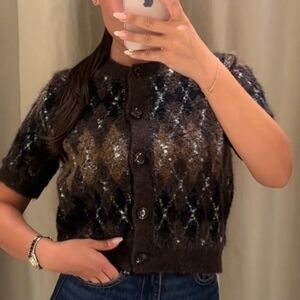 ZARA SHORT SLEEVE ARGYLE KNIT CARDIGAN